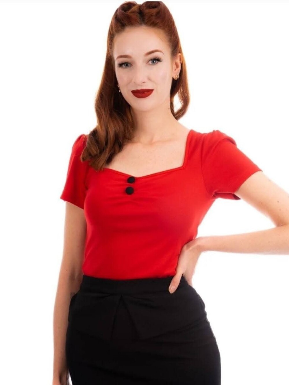 Women's Red Square-Neck Short Sleeve Top with Button Accent